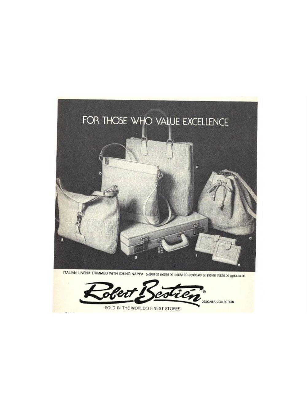 Print Ad Italian Linen Trimmed Chino Nappa Bags Robert Bestien Vintage 1980s AD